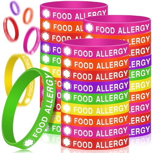 Quelay 24 Pcs Food Allergy Silicone Bracelets for Teens Kids 6.3 Inch Colorful ID Wristband Medical Alert Food Allergy Bracelets for Kids Children School Activities Party Events, 6 Colors