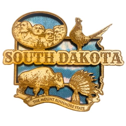 South Dakota Montage Wooden Magnet, The Mount Rushmore State Magnetic Accessory for Fridge, 3.25 by 2.5 Inches