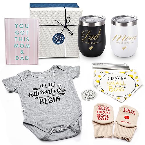 Pregnancy Gifts for First Time Moms Dad, Mommy and Daddy Est 2024 Stainless Steel Wine Tumbler Set with Onesie Baby Socks Drool Bib Decision Coin - Top New Parents Gifts Idea for Gender Reveal