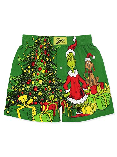 Dr. Seuss The Grinch Don't Be a Grinch Men's Button Fly Boxer Lounge Shorts (Medium, Green)