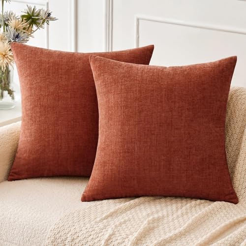 MIULEE Fall Pack of 2 Couch Throw Pillow Covers 18x18 Inch Soft Burnt Orange Chenille Pillow Covers for Sofa Living Room Solid Dyed Pillow Cases