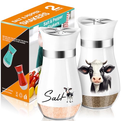 Cow Salt and Pepper Shakers Set,4 oz Glass Bottom Salt Pepper Shaker with Stainless Steel Lid Animal Decorations Country Kitchen Decor Farmhouse Gifts for Farmers(Cow)