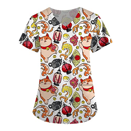 Cat Print Scrub Tops Animal Printed Orange Cartoon Scrubs Large Pediatric Scrub Tops