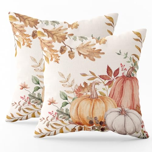 Mocsicka Fall Pillow Covers Pumpkin Decorative Throw Pillow Cover Outdoor Linen Fabric Cushion Cases for Farmhouse Sofa Couch Set of 2 (18x18inch) (Autumn-0396, 18''x18'')