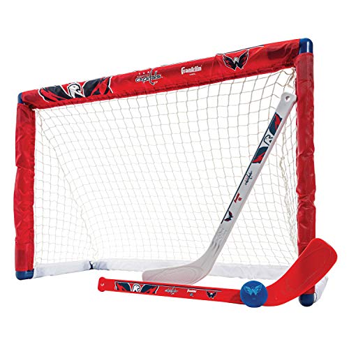 Franklin Sports Washington Capitals Mini Hockey Set - Knee Hockey Goal, Ball, & 2 Hockey Stick Combo Set - Mini Goal Net - NHL Official Hockey Set