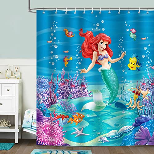 Bonhause The Little Mermaid Ariel Shower Curtain for Kids Ocean Girls Bath Curtain 72 x 72 Inch Polyester Fabric Waterproof Bathroom Curtain with 12 Hooks