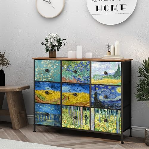 EXOTICA Van Gogh 9 Drawers Dresser Wide TV Stand Colorful Dressers & Chest of Drawers Enterway Furniture for Bedroom Living Room Hallway Closets Steel Frame Wood Top