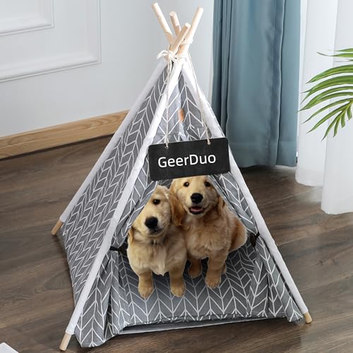 GeerDuo Pet Teepee, Portable Pet Tents for Small Dogs or Cats, Puppy Sweet Bed Washable Dog or Cat Houses with Cushion(Grey,24')