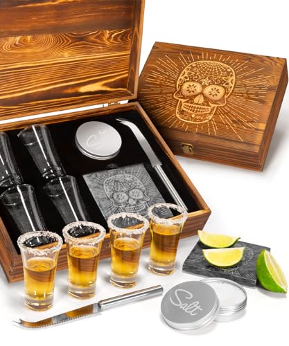 Atterstone Tequila Shot Glass Sugar Skull Wooden Box Set for Men and Women - 4 Premium Shot Glasses, Garnish Knife, Lime Cutting Stone, Salt Tin, Perfect for Themed Parties