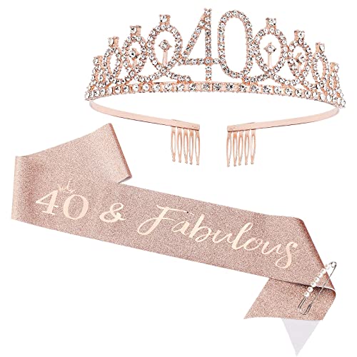 CIEHER 40th Birthday Crown + Sash + Pearl Pin Set for Women, Tiara, Gifts for Friends, Party Decorations & Favors