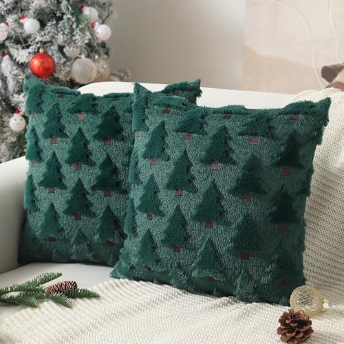 Allorry Christmas Pillow Covers 18x18 inch Set of 2 Christmas Decorations Christmas Tree Throw Pillow Cases Soft Plush Faux Fur Wool Pillow Covers Winter Holiday Decor for Sofa Living Room PT-002A18