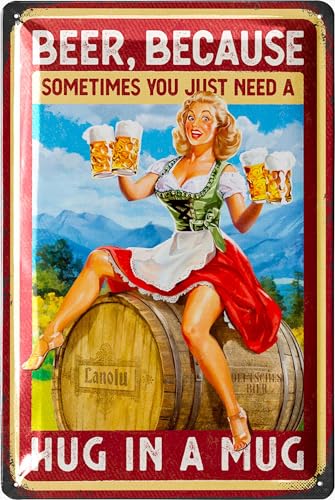 LANOLU Vintage Beer Sign - Sometimes You Need A Hug In A Mug - Beer Signs for man Cave, Metal Beer Signs, Funny Metal Bar Signs, Vintage beer signs - Embossed 12x8'