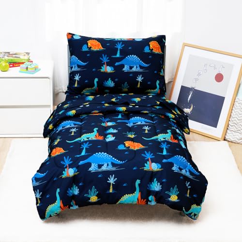 david's kids 4 Piece Toddler Bedding Set - Soft Breathable Toddler Bedding Set for Boys Girls, Includes Quilted Comforter, Flat Sheet, Fitted Sheet and Pillowcase, Dinosaur Navy