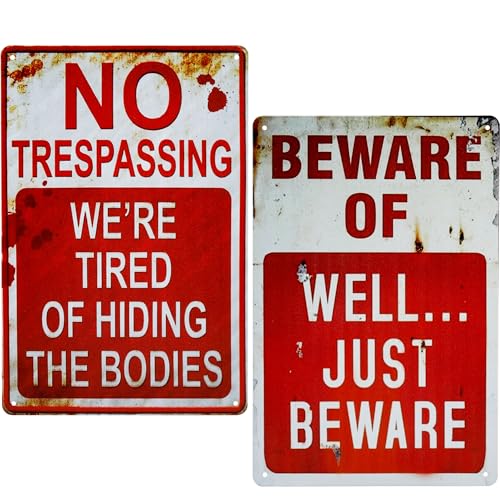 Wonderwin Halloween Decoration Signs 8” x 12” Halloween Props Indoor Retro Metal Signs Vintage Bar Decor Outdoor Yard Signs Beware of Well Just Beware & No Trespassing We're Tired of Hiding The Bodies