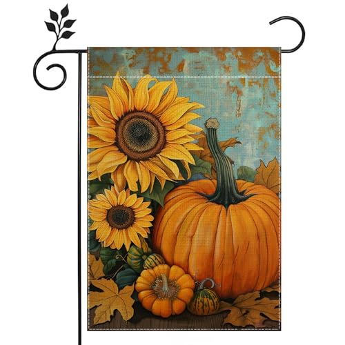 Fall Sunflower Garden Flag for Outside, Thanksgiving Pumpkin Garden Flag, Welcome Fall Garden Flag 12x18 Inch Double Sided Burlap, Outdoor Yard Flag Decorations for Home（Only Garden Flag）