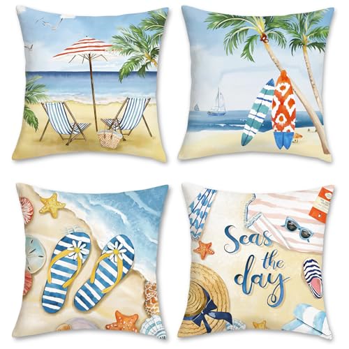 Bonhause Summer Beach Throw Pillow Covers 18x18 Starfish Surfboard Palm Tree Seaside Scenery Decorative Pillows Soft Velvet Cushion Cases for Couch Sofa Bed Home Decor Set of 4