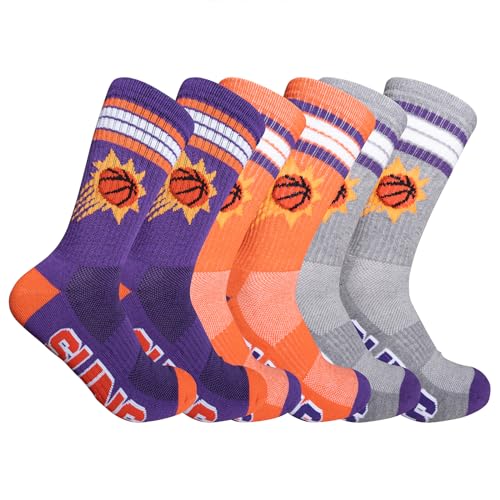 Ultra Game NBA Official Men’s Athletic Cushioned Secure Fit Team Crew Socks - 3 Pack - Unisex, Phoenix Suns, Assorted, M6-12