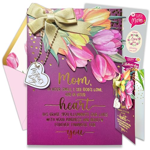 Decorably Individual Greeting Cards with Envelope & Stickers, Religious Cards - Gold Foiled Religious Mothers Day Cards for Mom Set with Vibrant Flower Cutout, 5x7in Gold Ribbon and Chain