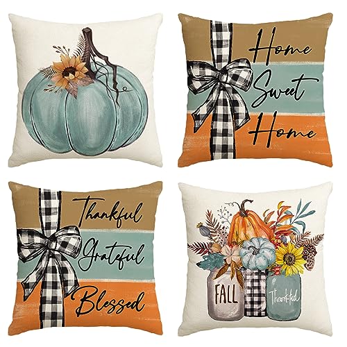 AVOIN colorlife Fall Pumpkin Home Sweet Home Throw Pillow Covers, 18 x 18 Inch Autumn Thankful Grateful Blessed Harvest Floral Decorations for Sofa Couch Set of 4