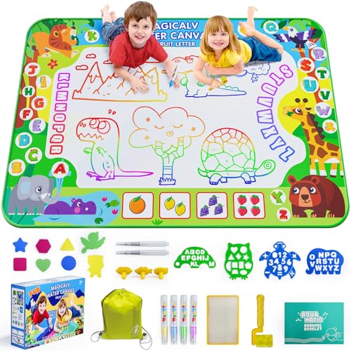 2 in 1 Water Doodle Mat,60 x 40 Inch Extra Large Drawing Mat with Backpack,Hopscotch Rug Design on Back,Educational Toys Gifts for Kids Boys Girls,Mess Free Painting for Toddlers Age 3-12 Year Old