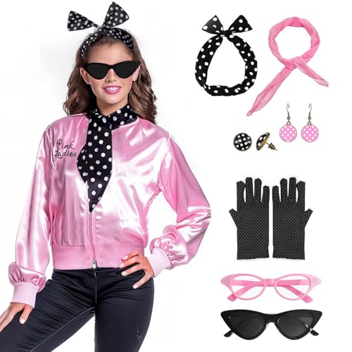 FAYBOX Pink Ladies Jacket Grease 50s Outfit Costume for Women,Halloween Costumes Accessories Adults