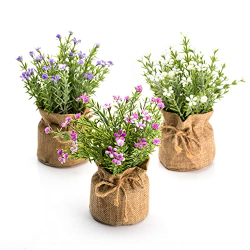 Velener Babys Breath Artificial Flowers in Small Burlap Bag Vases 3Pcs -Gypsophila Faux Flowers Farmhouse Home Coffee Table Bookshelf Office Desk Decorations Kitchen Dining Room Fake Plants Indoor