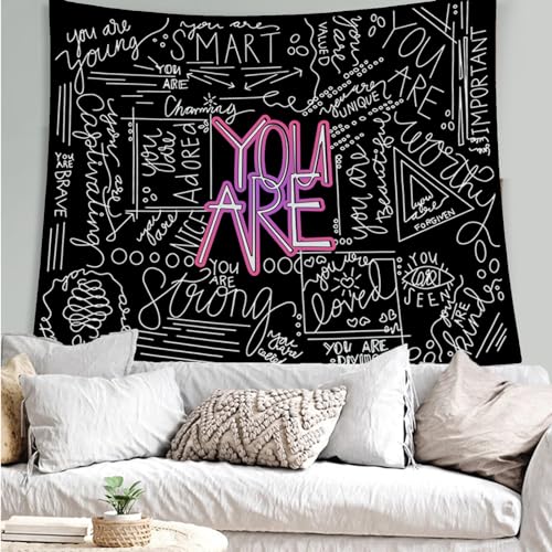 Quote You Are Tapestry Inspirational Wall Art Wall Hanging Positive Saying Classroom Tapestry for Teen Girl Bedroom Dorm 50x60 Inches (Black)