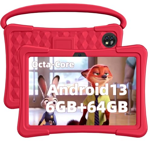 COLORROOM Kids Tablet 10 inch Android 13 Tablet for Kids, 6GB RAM 64GB ROM, Octa-Core Tablet with Case, 1280x800 IPS Display, GPS, FM, 6000mAh, Bluetooth, Dual Camera, WiFi (Red)