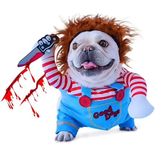 Pet Deadly Doll Dog Costume, Novelty Halloween Christmas Costumes Funny Dog Cosplay Outfits Cute Clothes for Small Medium Large Dogs Cats Party Dress Up Cool Puppy Costumes Scary Spooky Apparel Blue