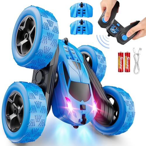 QUNREDA Remote Control Car, RC Cars Toys for Kids Ages 6-12, 4WD Stunt Car with LED Lights & 360° Flips, 2.4GHz, Upgraded USB-C Modular Batteries, 8-10 Year Old Boys 1-Blue