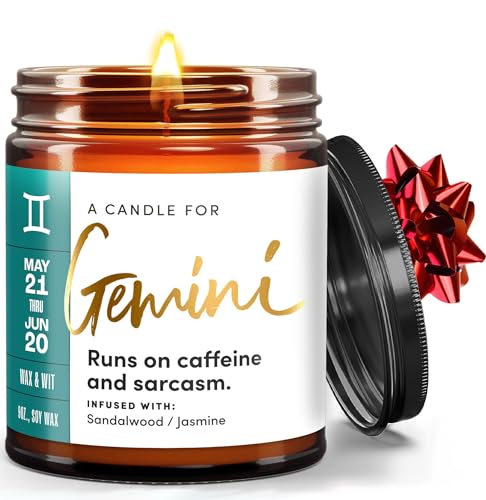 WAX & WIT Gemini Gifts for Women, Zodiac Gifts for Women, Astrology Gifts for Women, Zodiac Candles, Gemini Candle, June Birthday Gifts for Women, May Birthday Gifts for Women, Astrology Candle - 9oz