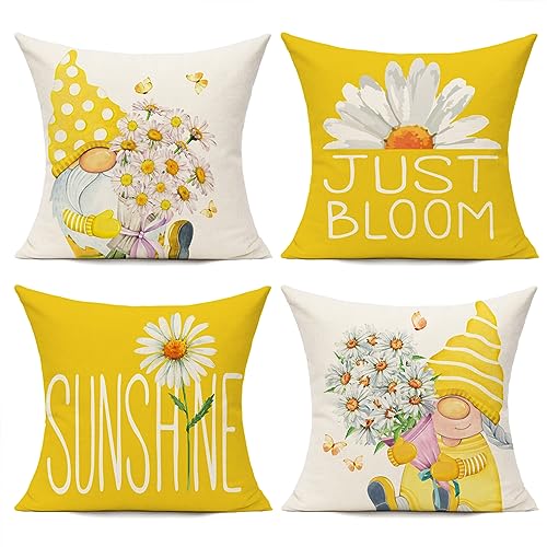 All Smiles Outdoor Yellow Throw Pillow Covers 18x18 Set of 4 Spring Summer Decorative Cushion Cases Home Décor Decorations for Patio Couch Chair Sofa,Daisy Floral Gnomes