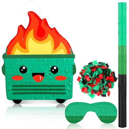 Poen Dumpster on Fire Piñata with Blindfold Bat and Confetti Funny Piñatas for Halloween Party, Christmas Party, Carnival, Birthday Party Decoration Photo Prop Candy Holder Supplies(15.75 x 12.6 Inch)