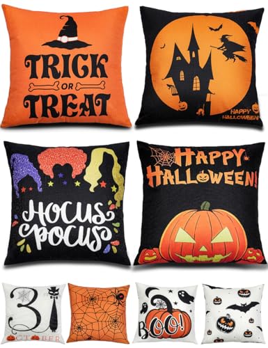 Halloween Decorations Double-Side Printing Pillow Covers 18'' x 18'' Set of 4, with 8 Cute Halloween Decor Patterns, Elegant Invisible Zipper, Durable Soft Linen Throw Pillow Covers Outdoor Indoor