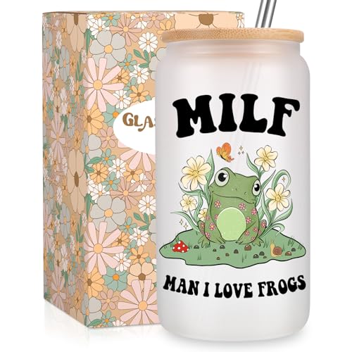 Fairy's Gift Cute Frog Cup, Iced Coffee Cup, 16 oz Frosted Glass Cup with Lid Straw - Man I Love Frogs - Frog Themed Christmas, Frog Stuff, Frog Gifts for Women Mom Wife, Pregnant Friend, Girlfriend