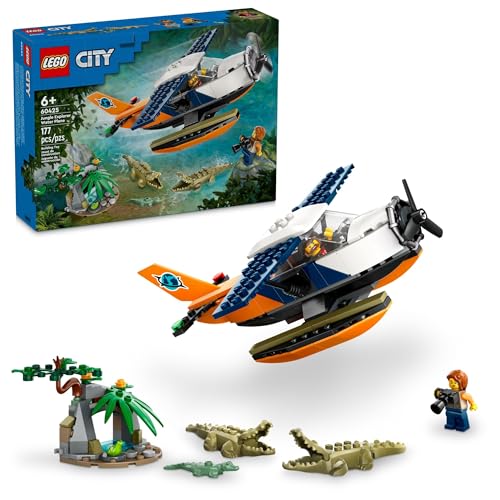 LEGO City Jungle Explorer Water Plane Toy Building Set, Buildable Seaplane for Boys and Girls Ages 6 and Up, Fun Summer Toy or Kids Gift Idea with 2 Minifigures, a Frog and 3 Crocodile Figures, 60425