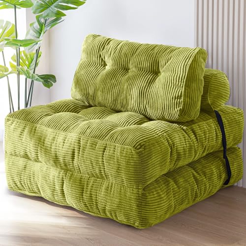 MAXYOYO Folding Sofa Bed, Convertible Sleeper Chair with Pillow Foldable Mattress with Back Support, Portable Fold Out Chair Bed Comfy Floor Sofa Lounge for Living Room Bedroom, Green, Single