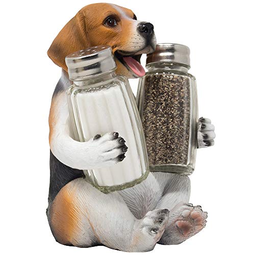 Beagle Puppy Dog Glass Salt and Pepper Shaker Set with Decorative Hound Display Stand Holder Figurine for Kitchen Counter Décor Table Centerpieces or Spice Rack Decorations As Gifts for Pet Lovers