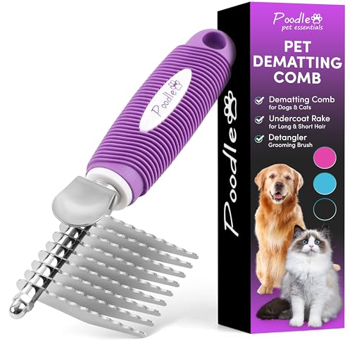 Poodle Dematting Fur Rake Comb Brush for Dogs and Cats - Long 2.5' Steel Safety Blades Metal Comb for Detangling Matted or Knotted Undercoat Hair