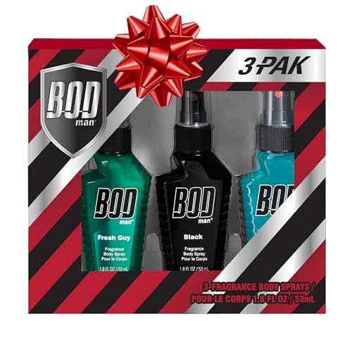 BOD man Body Spray Holiday Gift Set for Him - 3 Piece Variety Sampler (Black, Fresh Guy, Blue Surf), Perfect for Stocking Stuffers