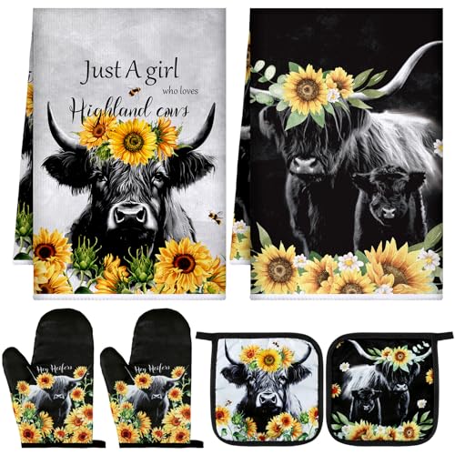 Leinuosen 6 Floral Plant Oven Mitts and Pot Holders Sets Farmhouse Kitchen Towels Absorbent Dish Towels for Cooking Baking Grilling(Yellow, Black,Sunflower and Cow)