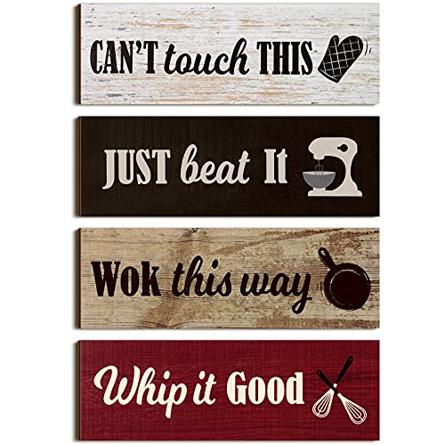 4 Pieces Rustic Kitchen Wood Sign Decorations Kitchen Wall Signs Decor Above Cabinet Baking Prints Signs Family Farmhouse Hanging Wooden Signs for Home Kitchen, 11.8 x 3.9 Inch (Classic Style)