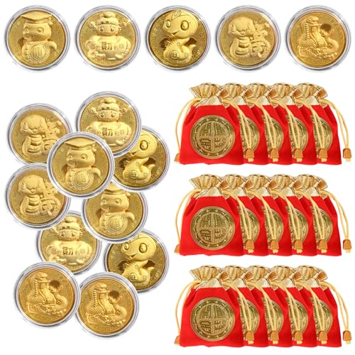 2025 Chinese New Year of Snake Decoration 15Pcs 2025 Year of Snake Commemorative Coins Chinese Zodiac Souvenir Coins with Chinese Fu Bags Lunar New Year Present Lucky Gold Coin for Collection Souvenir