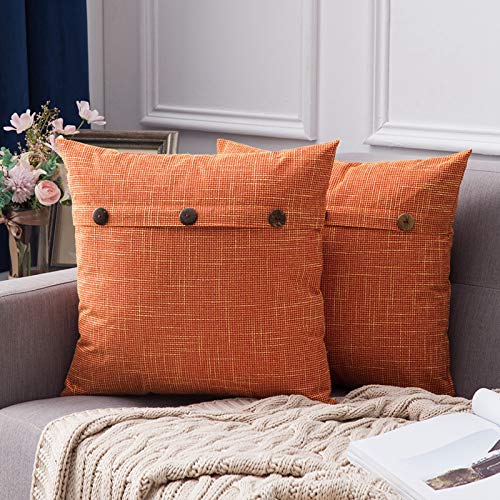 MIULEE Set of 2 Decorative Linen Throw Pillow Covers Cushion Case Triple Button Vintage Farmhouse Pillowcase for Fall Couch Sofa Bed 18 x 18 Inch 45 x 45 cm Orange