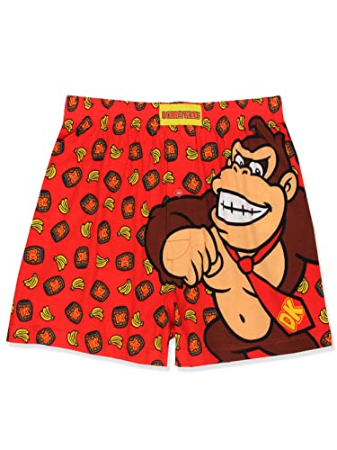 Super Mario Donkey Kong Men's Button Fly Boxer Lounge Shorts (Red, X-Large)