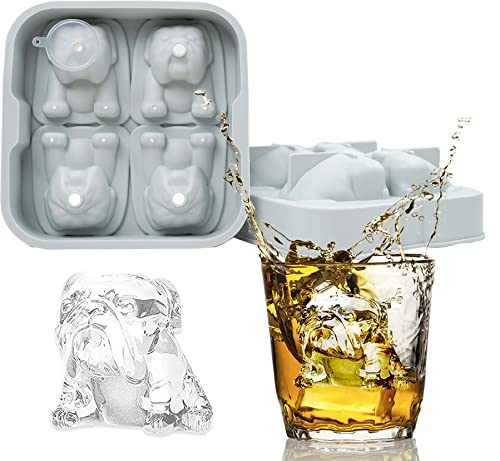 4 Cavity Bulldog Dog Shape Ice Cube Molds Reusable Silicone with Funnel for Whiskey Spirits Cocktails Bourbon Bulldog Gifts(Morandi Blue)