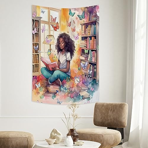 Conank Black Girl Reading Tapestry African American Girls Wall Art Canvas Read Books Aesthetic Decor Inspiring Girls' Tapestries Wall Hanging for Bedroom Living Room Office College Dorm 40X24 IN