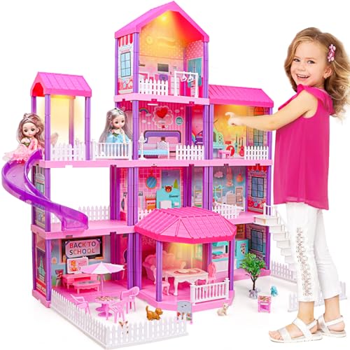 beefunni Doll House, Dream Dollhouse for Girls,Doll Houses 4-5 7-8 Year Old with 4 Stories -11 Rooms, 2 Dolls and Furniture, Princess Dollhouse 2024 Christmas Toy Gifts for 3 4 5 6 7 8+ Year Old Girls