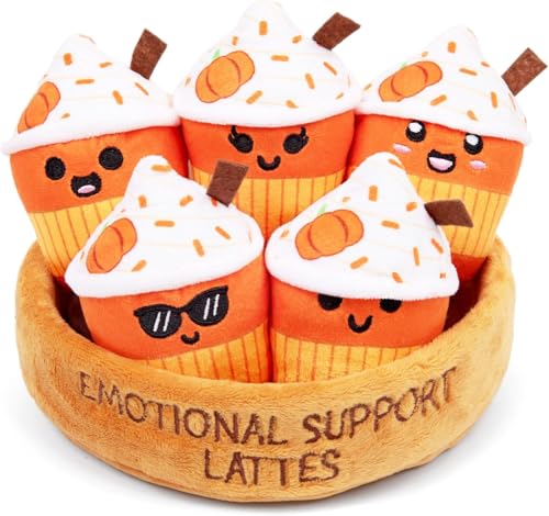 Emotional Support Lattes by Relatable, Fall Plushies Stuffed Animal Toy, Perfect Small Gift for Coffee Lovers, Gift Baskets, and Loved Ones of All Ages, Includes 5 Fall Plushies with Carrying Basket