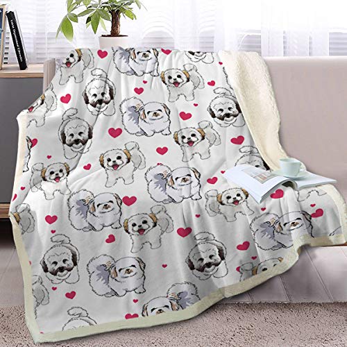 BlessLiving Shih Tzu Sherpa Throw Blanket - Super Soft Fuzzy Cozy Warm Red Hearts Dog Blanket Thick Plush Fluffy Blankets for Teen Girls Women Couch Bed Sofa Chair Men Boys Gift (Throw, 50x60 Inches)